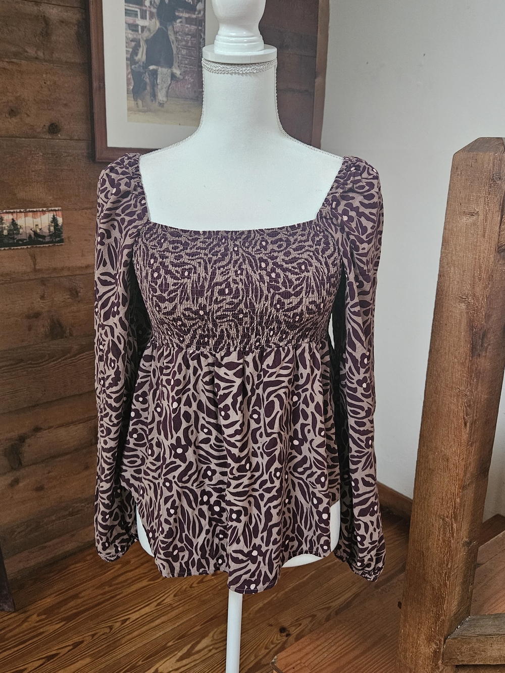 Threads 4 Thought Square Neck Smocked Blouse in Taupe and Dark Brown